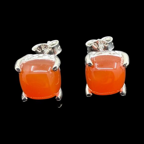 Natural Carnelian Cabochon Stud Earrings 925 Sterling Silver Handmade - Picture 2 of 5